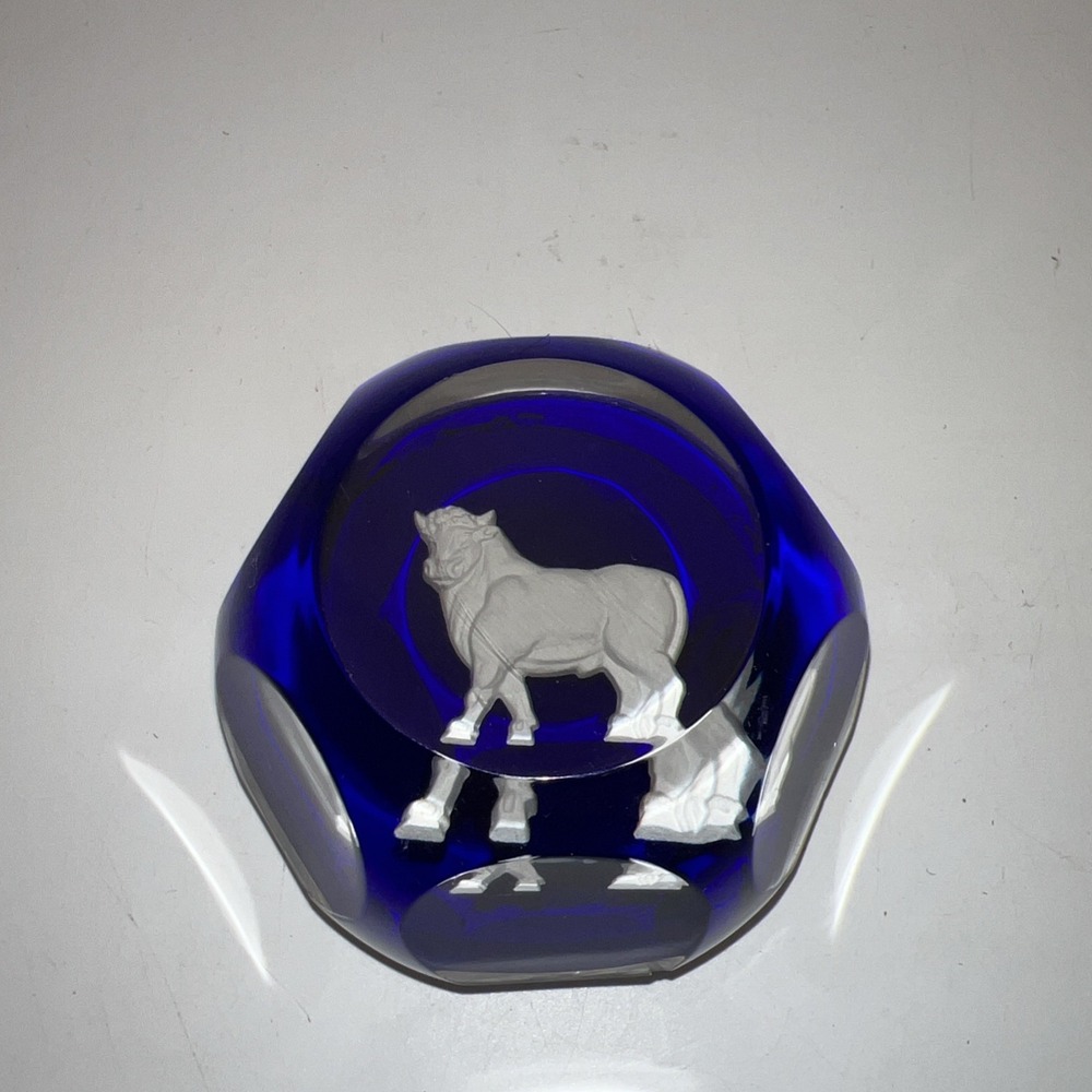 Baccarat Crystal Zodiac Taurus Bull Sulphide Faceted Cobalt Blue Paperweight